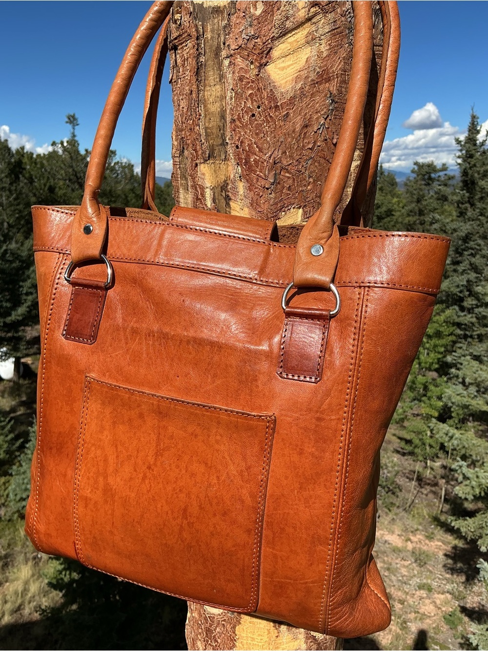 Vintage Cognac Leather Embossed Boho Tote Bag EUC - Picture 6 of 16